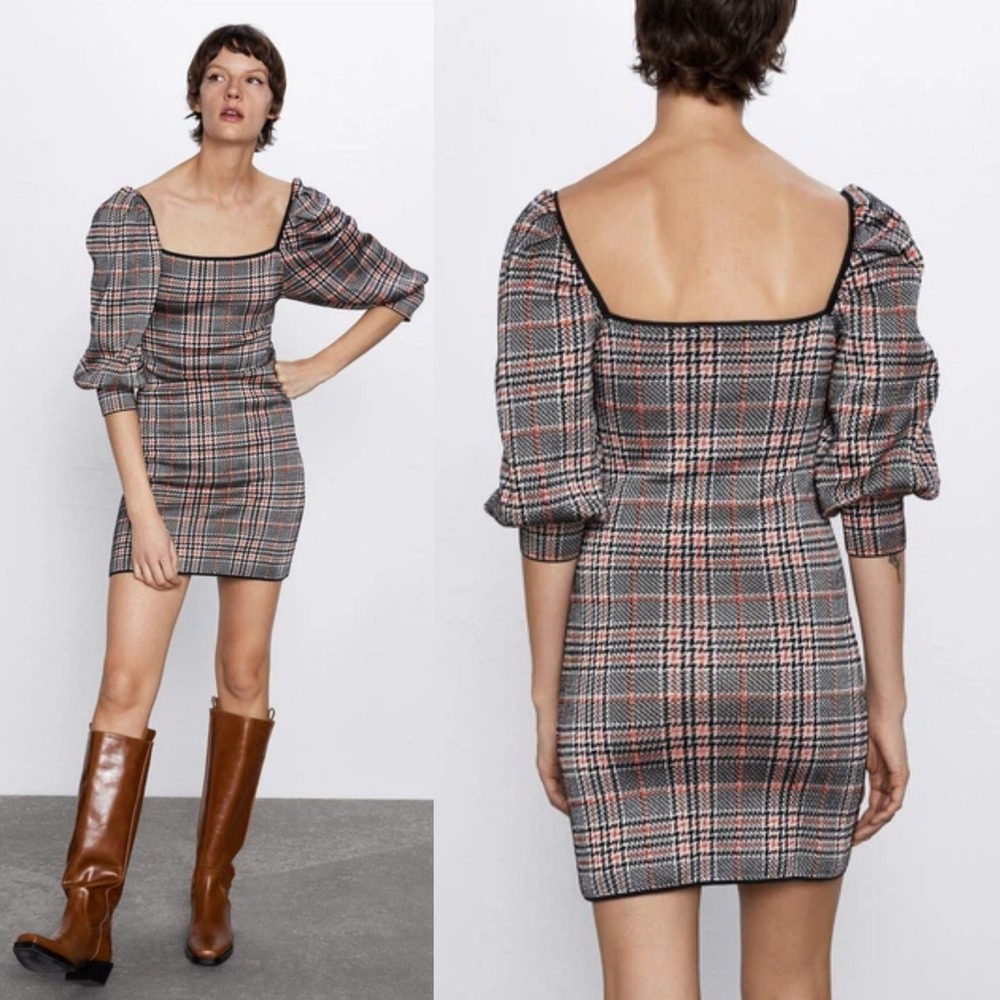 New Blogger's Fav ZARA Plaid Check Square Neck Puff Sleeve Mini Dress Small‎